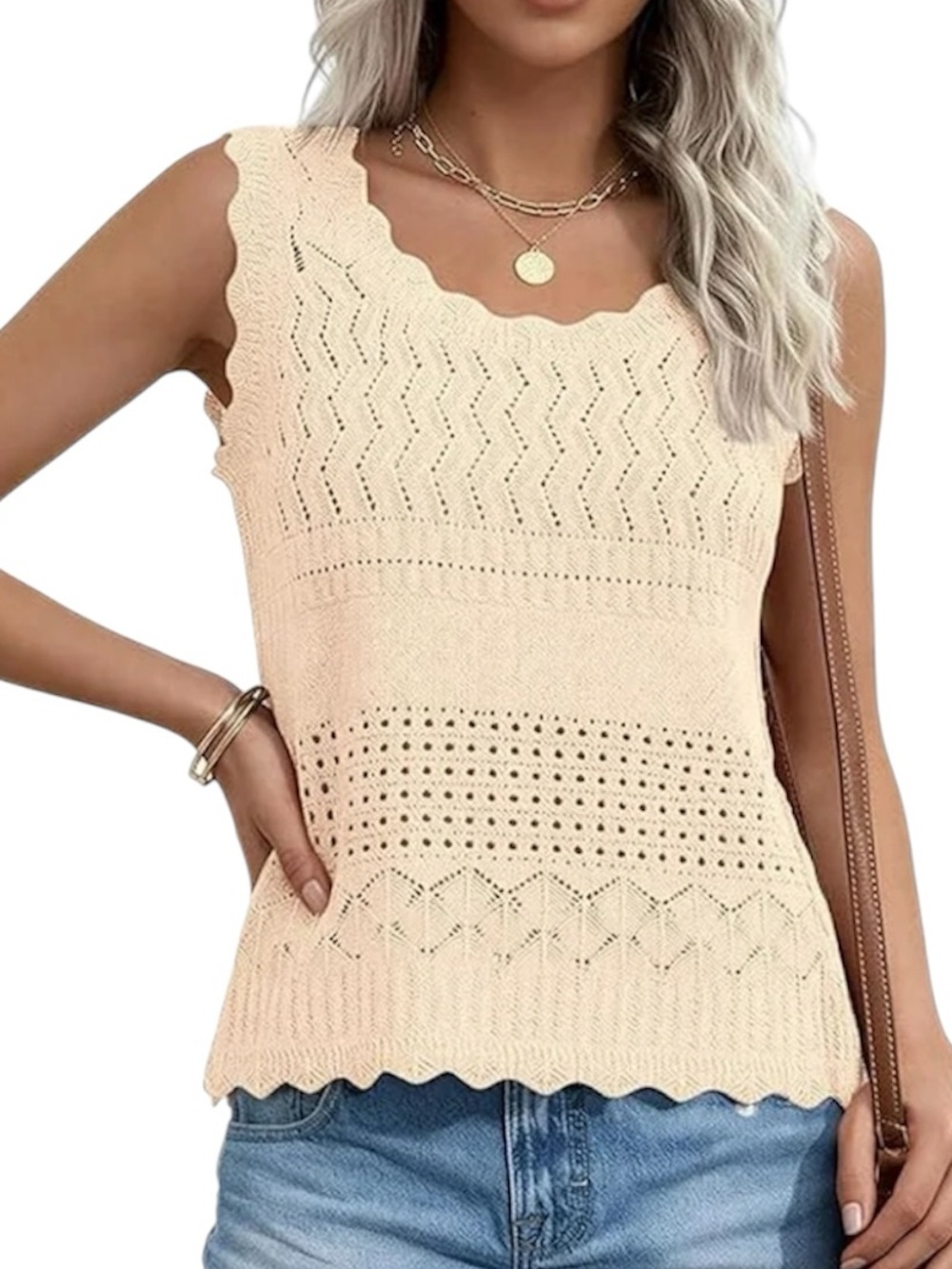 Cream Crochet Knit Sleeveless Tank Top - Picture 4 of 14